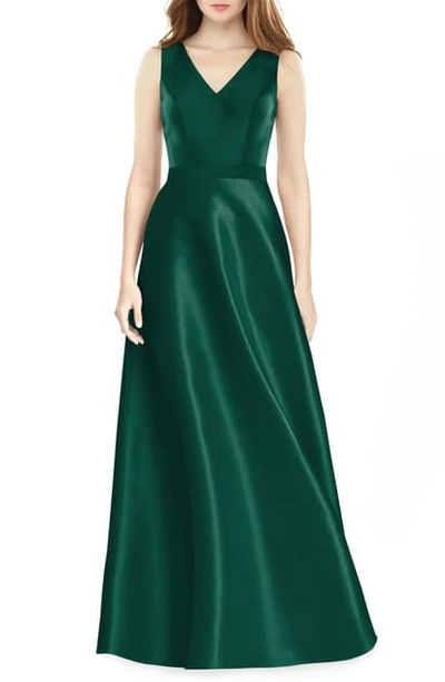 Alfred Sung V-neck Satin Twill A-line Gown In Hunter