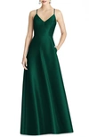 Alfred Sung V-neck Full Skirt Satin Maxi Dress In Hunter