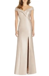 Alfred Sung Portrait Collar Satin Trumpet Gown In Cameo