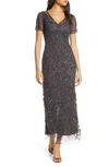 PISARRO NIGHTS BEADED MESH COLUMN GOWN,D2063