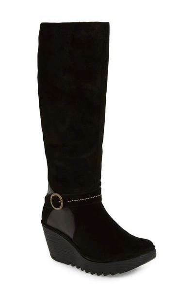 Fly London Yavu Knee High Boot In Black Suede