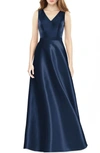 Alfred Sung V-neck Sleeveless High-low Sateen Twill Gown In Blue