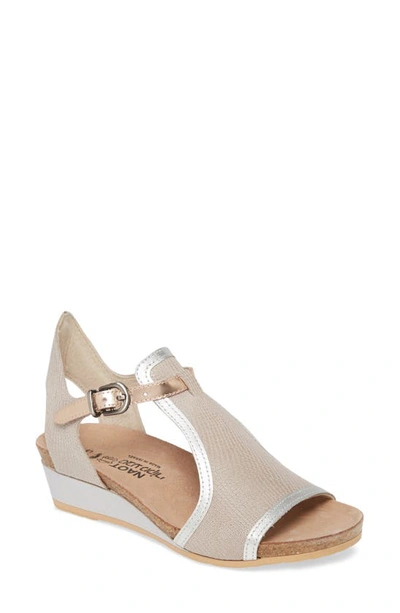 Naot Fiona Wedge Sandal In Beige Lizard/ Silver Leather