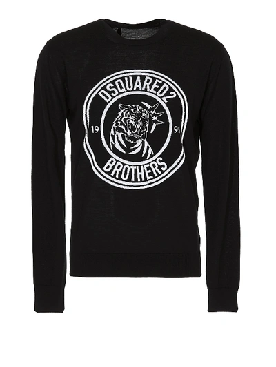 Dsquared2 Logo Embroidery Wool Crew Neck Sweater In Black,white