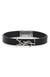 Saint Laurent Ysl Leather Bracelet In Nero/ Silver