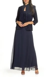 Alex Evenings Sequin Mock Two-piece Gown With Jacket In Navy