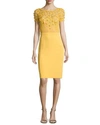 JENNY PACKHAM Short-Sleeve Embroidered-Bodice Sheath Dress, Honeybee