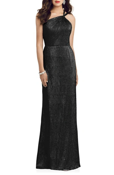 Dessy Collection One-shoulder Twist Metallic Trumpet Gown In Black