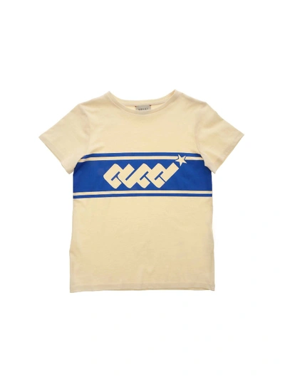 Gucci Kids' Electric Blue Logo T-shirt In Cream Color In White