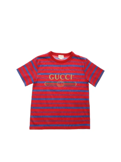 Gucci Kids' Logo Striped Cotton T-shirt In Red