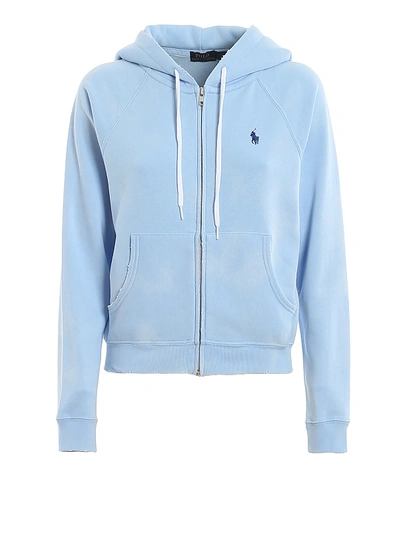 Polo Ralph Lauren Used Effect Cotton Fleece Hoodie In Light Blue