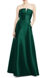 Alfred Sung Strapless Notch Satin Gown With Pockets In Green