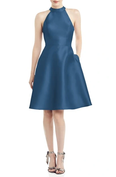 Alfred Sung Halter Style Satin Twill Cocktail Dress In Dusk Blue
