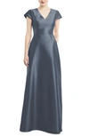 Alfred Sung Dessy Collection Cap Sleeve V-neck Satin Gown With Pockets In Blue