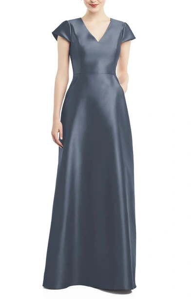 Alfred Sung Dessy Collection Cap Sleeve V-neck Satin Gown With Pockets In Blue