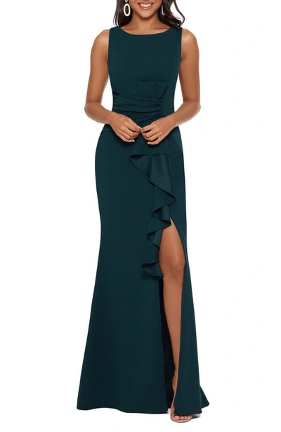 Betsy & Adam Ruffle Bow Trumpet Gown In Pine