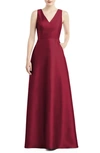 Alfred Sung V-neck Satin Twill A-line Gown In Burgundy