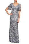 ALEX EVENINGS ALEX EVENINGS SEQUIN LACE COLD SHOULDER TRUMPET EVENING GOWN,8196611