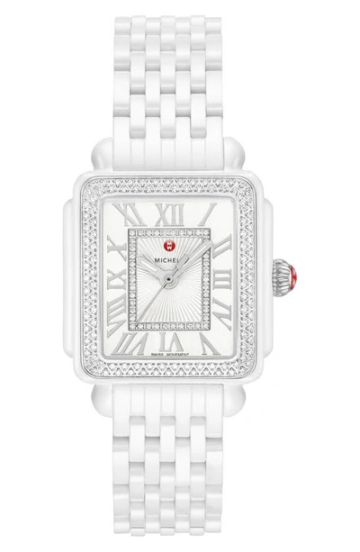 Michele Deco Madison Mid Diamond Watch Head & Ceramic Bracelet, 29mm In Red