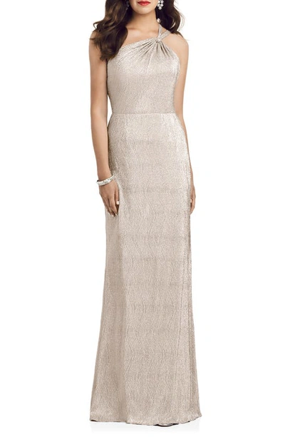 Dessy Collection Soho Metallic One-shoulder Gown In Rose Gold