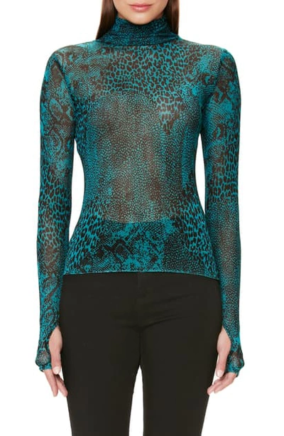 Afrm Zadie Semi Sheer Turtleneck In Teal Animal