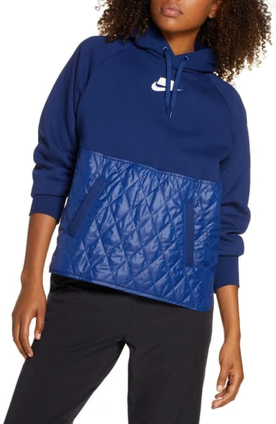 Nike Sportswear Logo Mixed Media Quilted Hoodie In Blue Void Blue Void White ModeSens