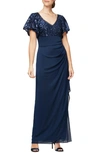 Alex Evenings Plus Size Embroidered-sequin Empire-waist Gown In Navy