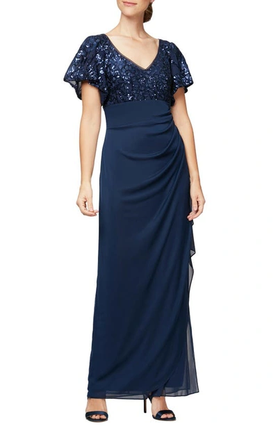 ALEX EVENINGS SEQUIN LACE & RUCHED CHIFFON GOWN,8296771