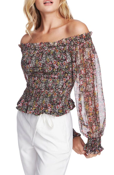 1.state Trendy Plus Size Smocked Off-the-shoulder Top In Rich Black Multi