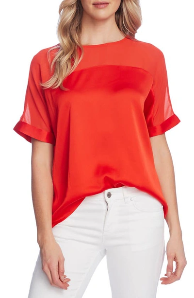 Vince Camuto Chiffon Yoke Charmeuse Top In Bright Ladybug