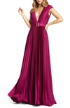 Mac Duggal Pleated Plunge Neck Belted Satin Gown In Raspberry