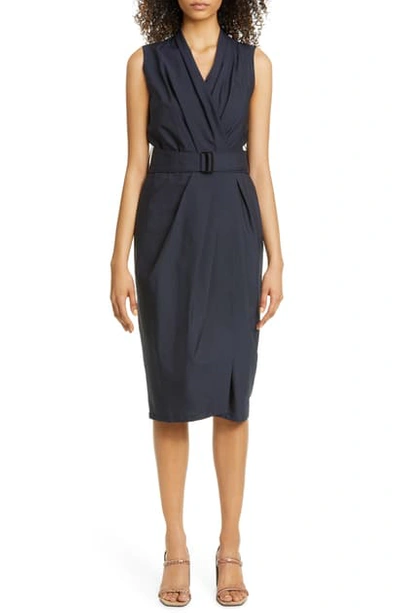 Brunello Cucinelli Pleated Crinkle Cotton Blend Wrap Dress In Midnight