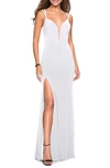 La Femme Strappy Back Jersey Column Gown In White