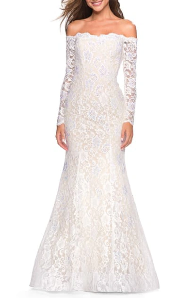 La Femme Off The Shoulder Long Sleeve Lace Gown In White