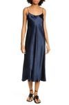 Vince Sleeveless Satin Slip Midi Dress In Coastal Blue