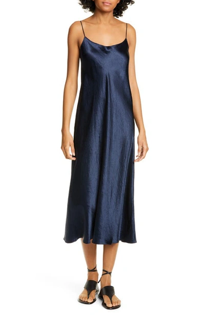 Vince Sleeveless Satin Slip Midi Dress In Blue