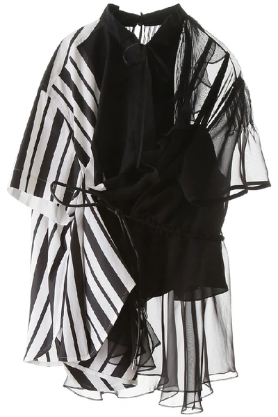 Sacai Asymmetrical Shirt With Stripes And Chiffon In White,black