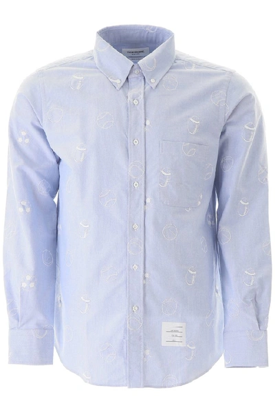 Thom Browne Navy Oxford Multi-ball Print Long Sleeve Shirt In Blue