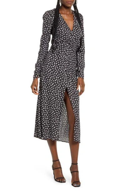 Afrm Madsen Ruched Long Sleeve Midi Dress In Noir Daisy Ditsy