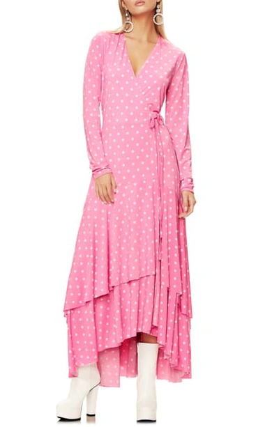 Afrm Elodie Ruffle Hem Long Sleeve Wrap High/low Dress In Pink Polka Dot