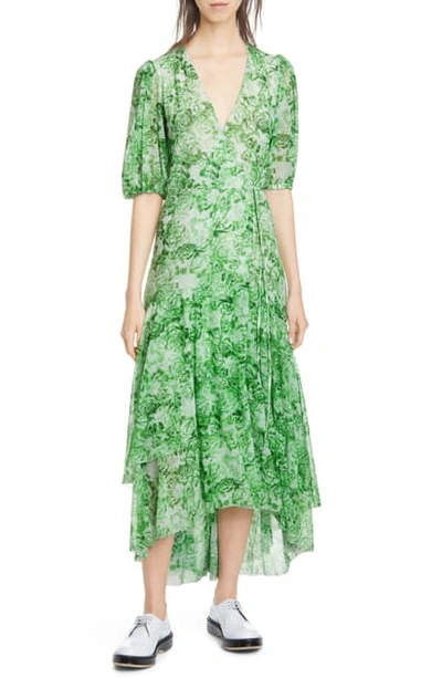 Ganni Floral Print Mesh Midi Wrap Dress In Green-lt