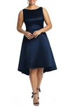 Alfred Sung Bateau Neck Satin High Low Cocktail Dress In Midnight Navy