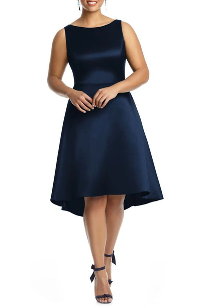 Alfred Sung Bateau Neck Satin High Low Cocktail Dress In Midnight Navy