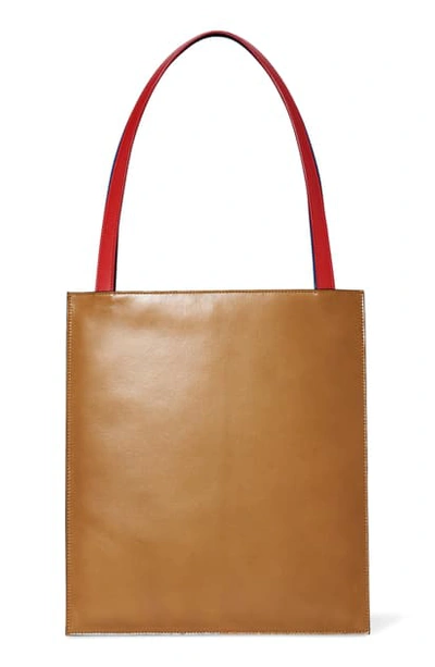 The Row Flat Leather Tote In Brown Teal - Poppy Red