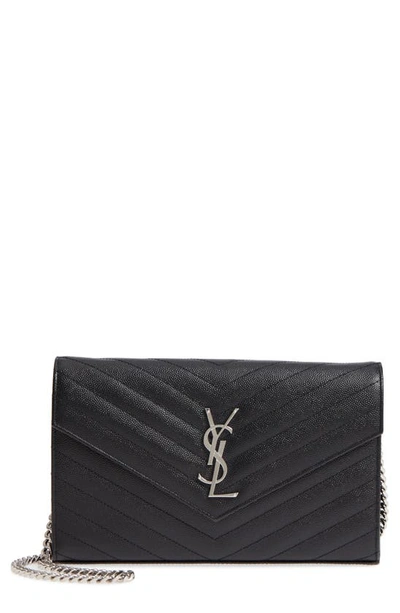 Saint Laurent Monogramme Quilted Leather Wallet On A Chain In Noir