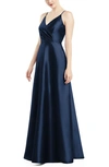 Alfred Sung V-neck Full Skirt Satin Maxi Dress In Blue