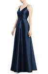 Alfred Sung V-neck Full Skirt Satin Maxi Dress In Midnight