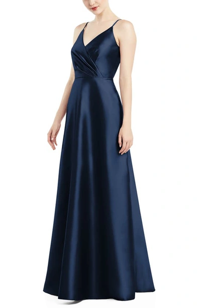 Alfred Sung V-neck Full Skirt Satin Maxi Dress In Blue