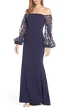 Eliza J Off The Shoulder 3d Floral Sleeve Scuba Crepe Evening Dress In Navy