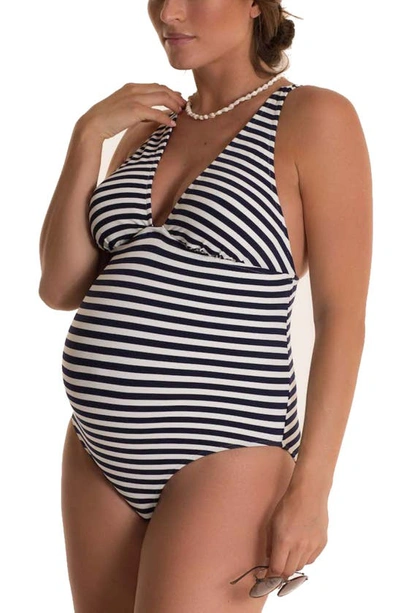 Pez D'or Maternity Marina Striped One-piece Swimsuit In Navy/ White
